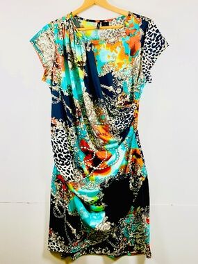 Short sleeve drape front mini stretch dress animal/floral black gold turquoise